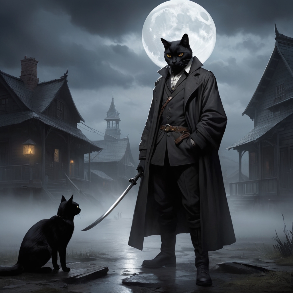 "An eerie scene featuring a black cat, a broken mirror, and the number 13, symbolizing Friday the 13th superstitions. Dark clouds and a full moon loom in the background, creating a mysterious and ominous atmosphere with a shadowy figure in the distance, representing classic bad luck icons."